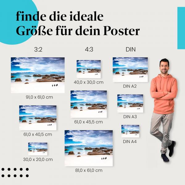 "Pinguine am Strand": Poster - Pinguine, weißer Sand & blauer Himmel