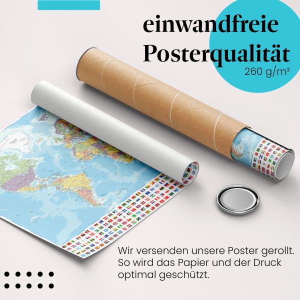 Gerolltes Poster "Weltkarte". Alle Länder, sicher verpackt.