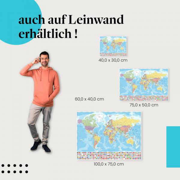 Weltkarte: Leinwandbild. Politisch, Flaggen.