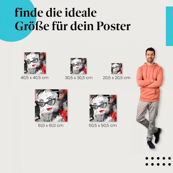 Wähle die ideale Postergröße: Künstlerische Darstellung einer Frau mit blauen Augen, roten Lippen und Sonnenbrille.