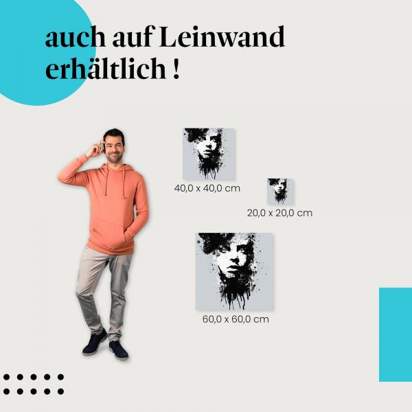 Porträt einer jungen Frau mit schwarzen Farbspritzern auf grauem Hintergrund als Leinwandbild - modernes Design.