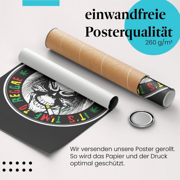 Gerolltes Poster "It's Time to Reggae" mit Totenkopf im Reggae-Style. Für Musikliebhaber, sicher verpackt.