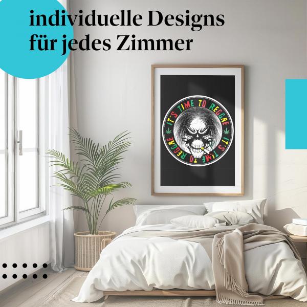 "It's Time to Reggae" Poster: Gerahmt über dem Bett für Reggae-Vibes im Schlafzimmer.