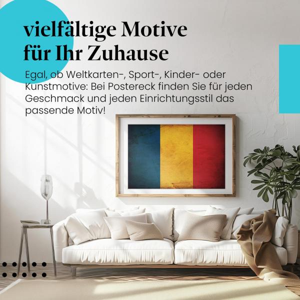 Stylisches Leinwandbild: Rumänische Vintage Flagge im Used-Look. Wanddeko für Rumänien-Fans.