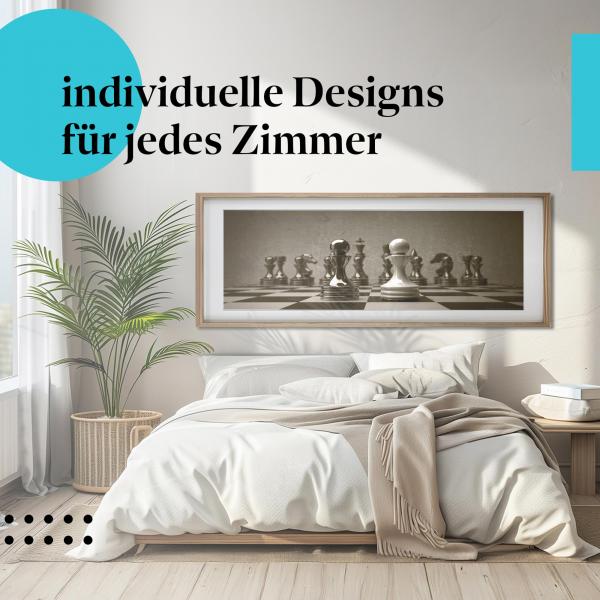 Schlafzimmer Deko: Modernes Schlafzimmer mit "Schachfiguren" Poster. Wanddeko für Strategen.