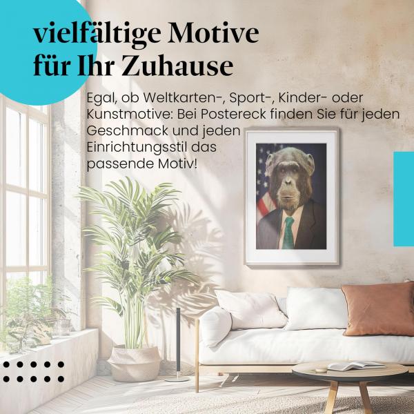 "Schimpanse im Anzug" Leinwandbild: Ein echter Blickfang im Wohnzimmer!