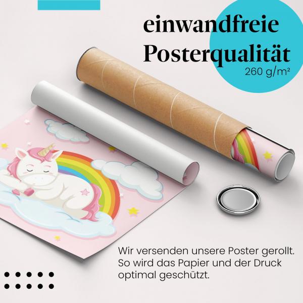 Gerolltes Poster "Schlafendes Einhorn". Märchenhaftes Design, sicher verpackt.