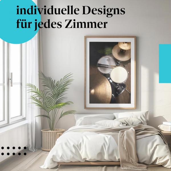 Schlafzimmer Deko: "Schlagzeug" Poster in modernem Schlafzimmer. Wanddeko für Musikfans.