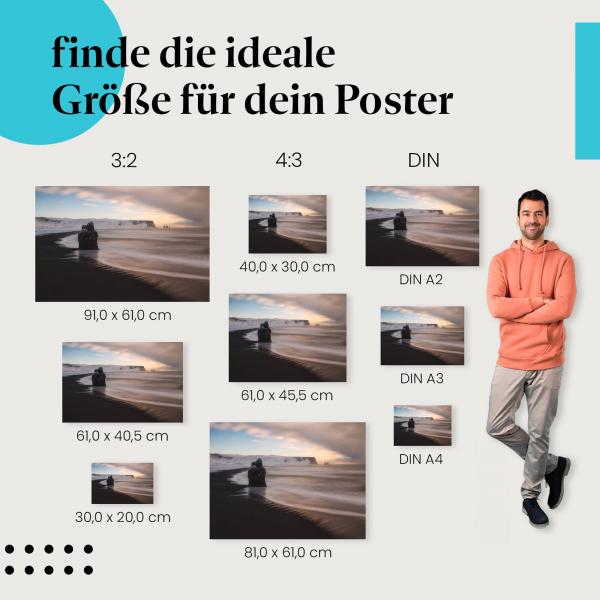 Island, Poster: Strand, Felsen, Wellen, schwarz.