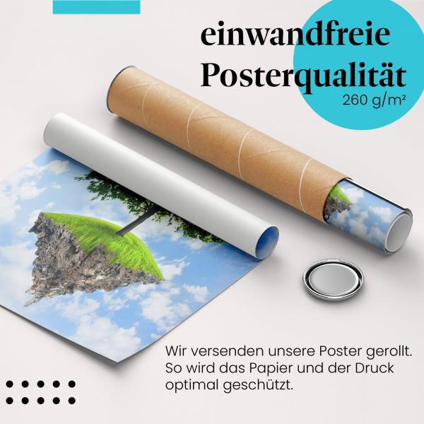 Gerolltes Poster "Schwebende Insel". Surreales Design, sicher verpackt.