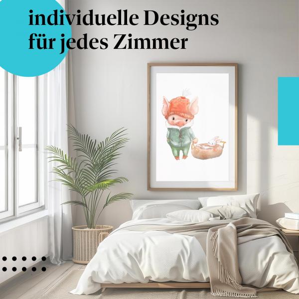 Schlafzimmer Deko: Kinderzimmer mit "Schwein & Hase" Leinwandbild. Winterliche Deko für kleine Tierfreunde.