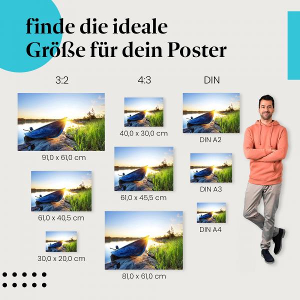 Boot, Poster: See, Sonnenuntergang, goldenes Licht.