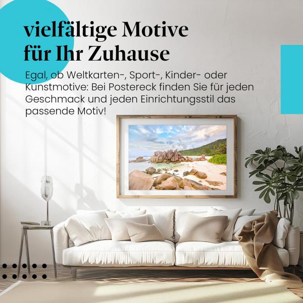 Dieses Leinwandbild versprüht Urlaubsfeeling und bringt die Schönheit der Seychellen in Ihr Zuhause.