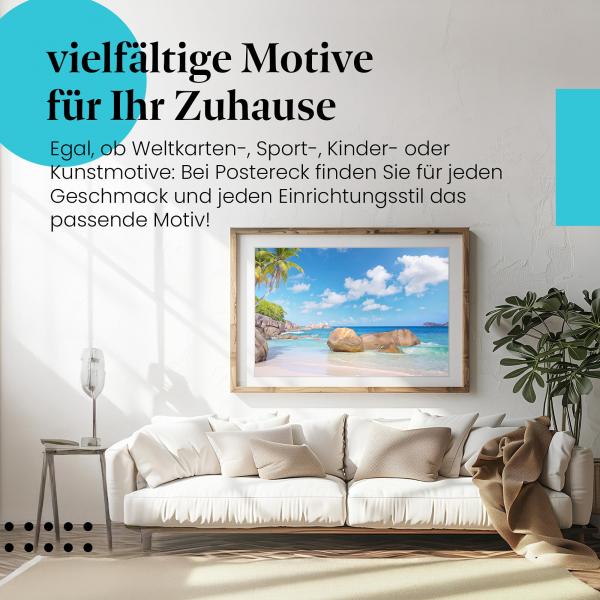 Dieses Leinwandbild versprüht Urlaubsfeeling und bringt die Schönheit der Seychellen in Ihr Zuhause.