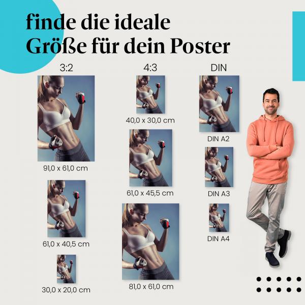 Fitness, Poster: Frau, Bauchmuskeln, blauer Hintergrund.