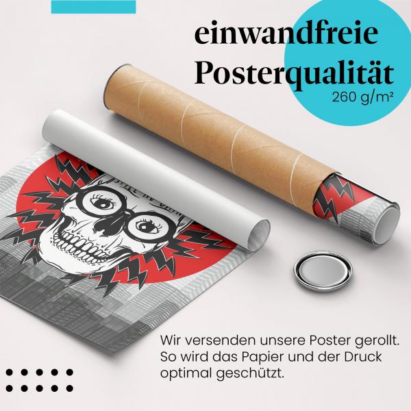 Gerolltes Poster "All Pain and Still No Gain". Totenkopf mit Irokesen-Frisur, hochwertiger Druck, sicher verpackt.