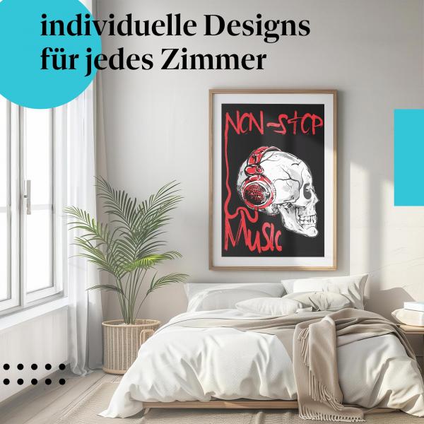 "Non-Stop Music" Totenkopf Poster: Gerahmt über einem Bett im modernen Schlafzimmer. Perfekt für Musikfans.