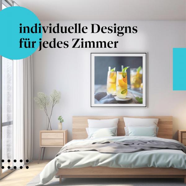 Schlafzimmer Deko: Sommerliches Schlafzimmer mit "Sommergetränk" Poster. Erfrischende Deko für heiße Tage.