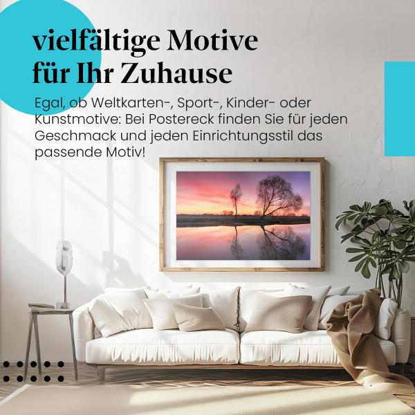 Dieses Leinwandbild mit dem Sonnenaufgang am Fluss ist ein Hingucker und versprüht Ruhe und Harmonie.