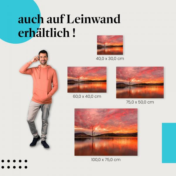 Sonnenaufgang: Leinwandbild. See, Bäume, warme Farben.