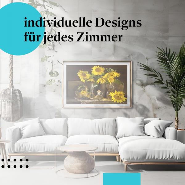 Schlafzimmer Deko: Modernes Schlafzimmer mit "Sonnenblumen Stillleben" Poster. Stilvolle Wanddeko.