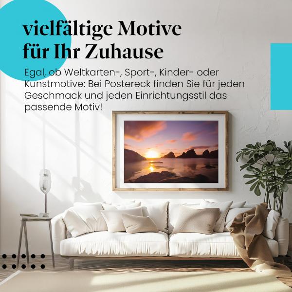 Dieses Leinwandbild mit dem Sonnenuntergang am Meer ist ein Hingucker und versprüht Romantik.