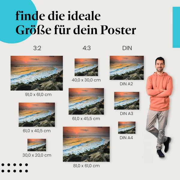 Sonnenuntergang, Poster: Meer, Wellen, Felsen.