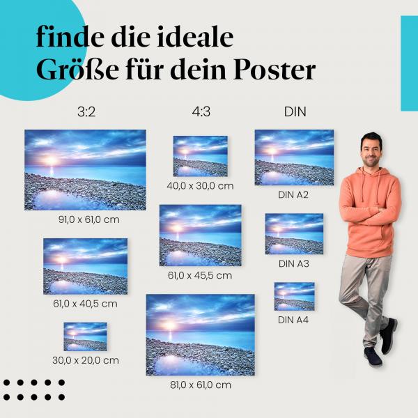 "Sonnenuntergang am Meer": Poster - Blauer Himmel, Strand & glitzerndes Wasser