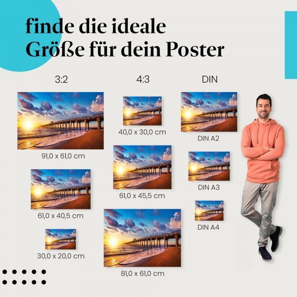 Steg, Poster: Strand, Meer, Sonnenuntergang.