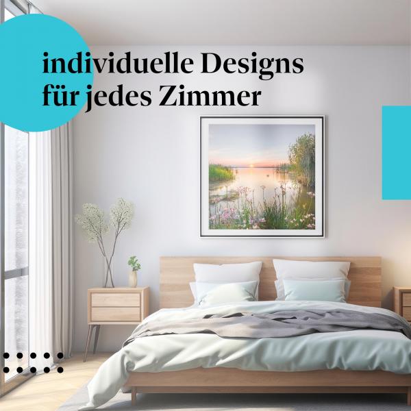 Schlafzimmer Deko: Romantisches Schlafzimmer mit "Sonnenuntergang" Poster. Traumhafte Wanddeko für Liebespaare.