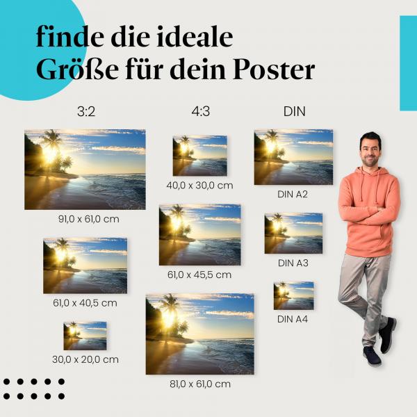 Entdecke die passende Postergröße: Strand, Palmen, Sonnenuntergang, Wellen, Entspannung.