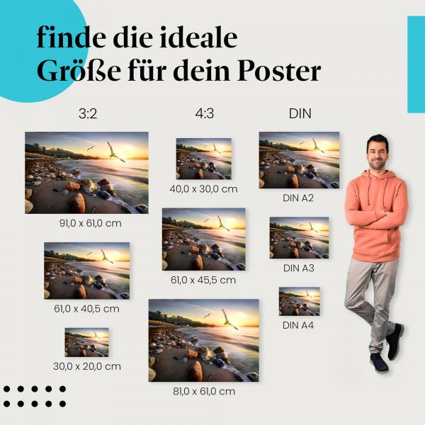 Entdecke die passende Postergröße: Strand, Sonnenaufgang, Steg, Möwen.