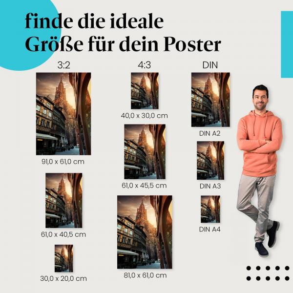 Finde die ideale Postergröße: Kathedrale von Straßburg, Fachwerkhäuser, Sonnenuntergang.