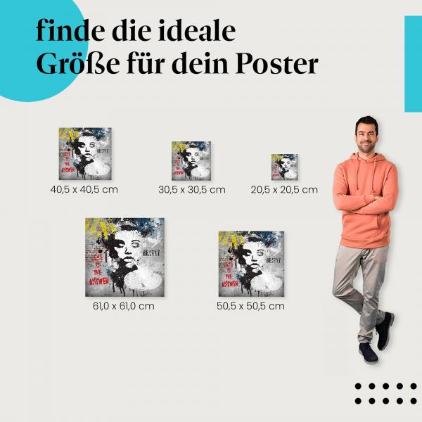 Wähle die ideale Postergröße: Graffitikunst: "Liebe ist die Antwort" und Frauenportrait.