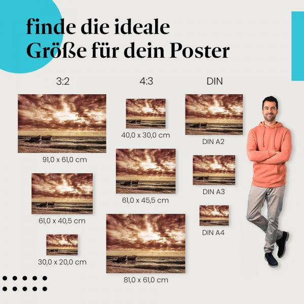 "Dramatischer Sonnenuntergang am Meer": Poster - Warme Rottöne & tosende Wellen