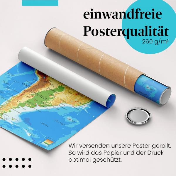 "Südamerika": Gerolltes Poster, Karte, topographisch.