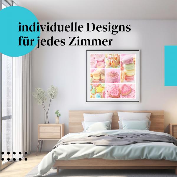 Schlafzimmer Deko: Modernes Zimmer mit "Cupcakes & Macarons" Poster. Süße Wanddeko.