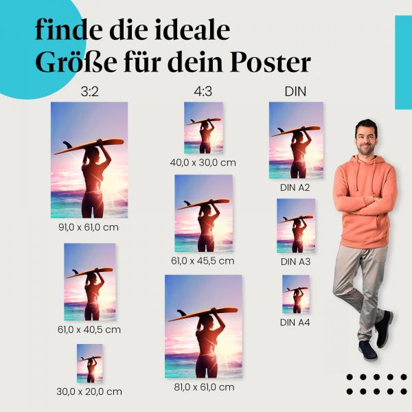 Surferin bei Sonnenuntergang Poster: Wellenreiten - jetzt bestellen!