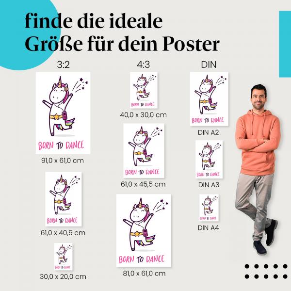 Tanzendes Einhorn, Poster: Kopfhörer, MP3-Player, "Geboren zum Tanzen".