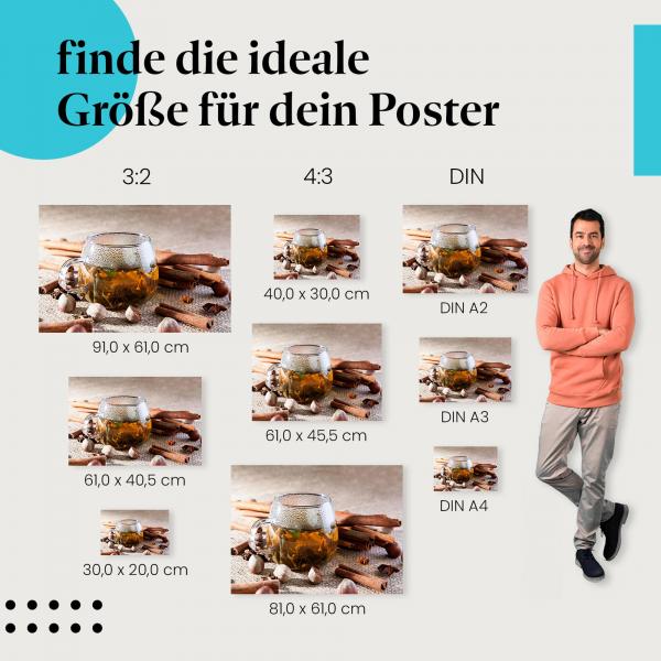 Entdecke die passende Postergröße: Tasse Tee, Gewürze, Zimt, Sternanis, Nüsse.