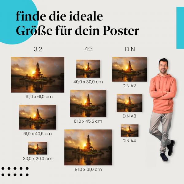 Buddhistischer Tempel, Poster: Insel, See, Sonnenuntergang.