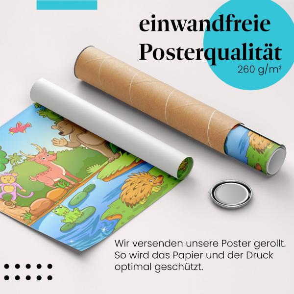 Gerolltes Poster "Tierischer Wald". Kinderzimmer-Motiv, sicher verpackt.