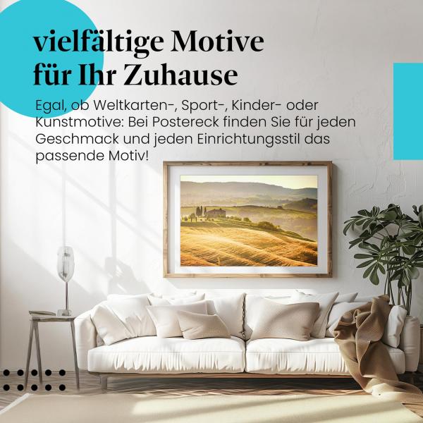 Stylisches Leinwandbild: Goldene Stunde in der Toskana: Hügelige Landschaft im Morgenlicht.