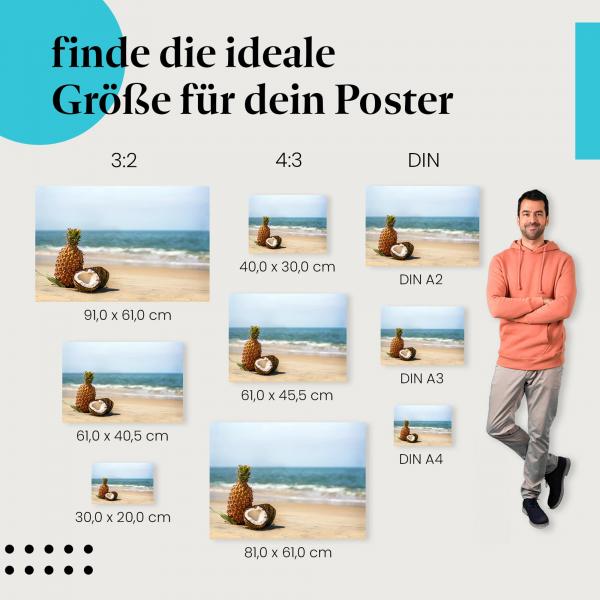 Finde die ideale Postergröße: Ananas, Kokosnuss, Strand, Meer - Urlaubsfeeling.