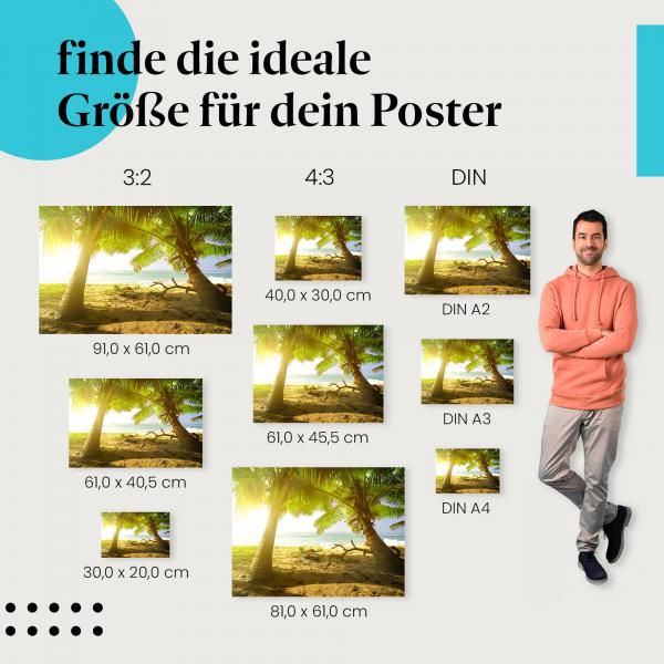 Entdecke die passende Postergröße: Palmen am Strand, türkisblaues Meer, Sonne.