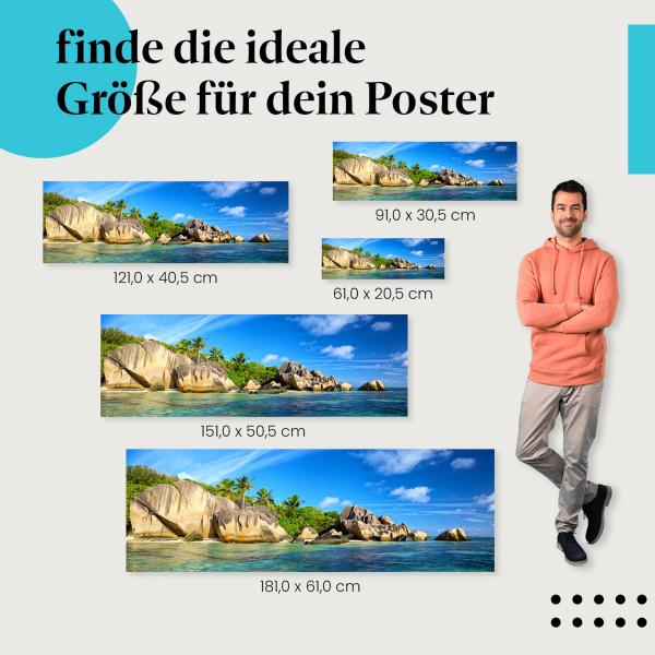 Wähle die ideale Postergröße: Panoramabild eines Traumstrandes auf den Seychellen - Fernweh garantiert!