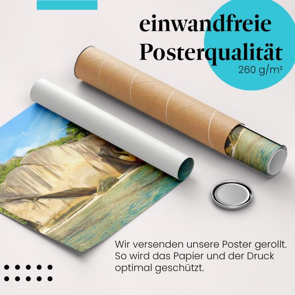 Gerolltes Poster "Seychellen Strand". Traumstrand, sicher verpackt.