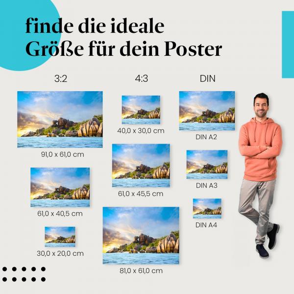 "Paradiesischer Sonnenuntergang am Traumstrand": Poster - Seychellen & Urlaub