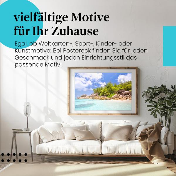 Dieses Leinwandbild mit dem Strandparadies versprüht Urlaubsfeeling und ist ein Traum für alle, die die Seychellen lieben.