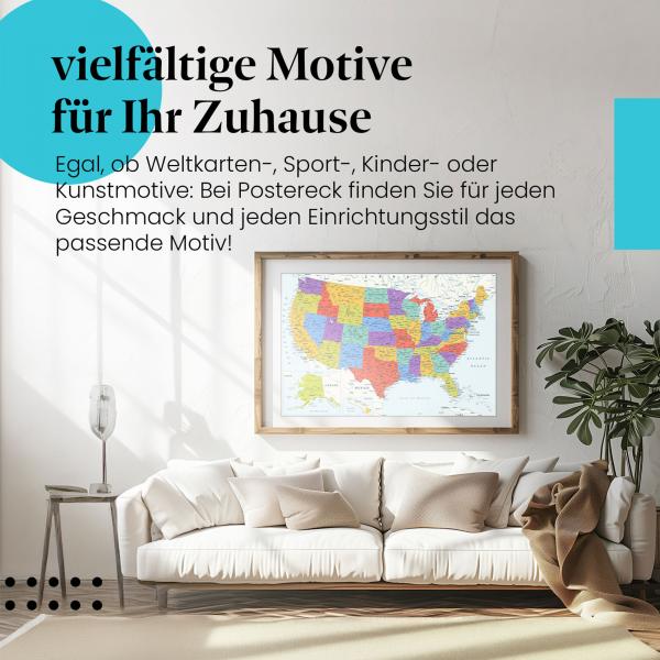 Gerahmtes Bild "USA Karte". Politische Karte, Bundesstaaten, Städte.